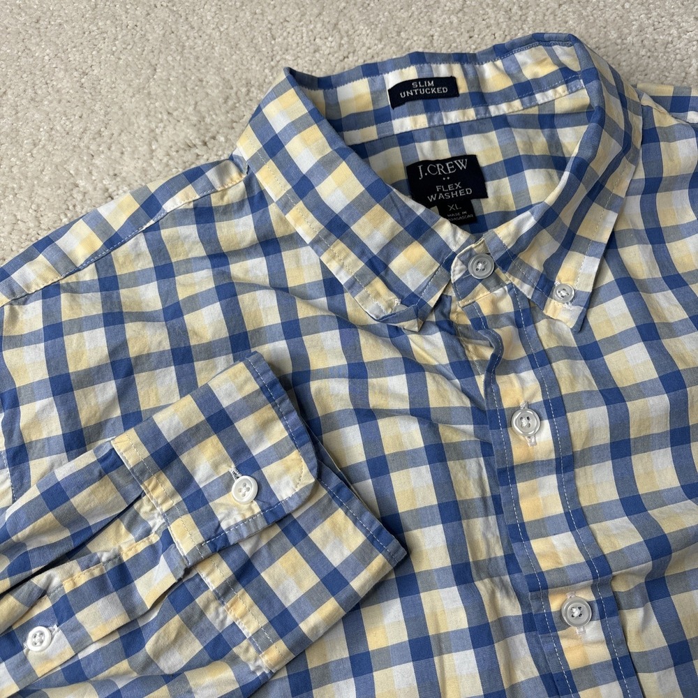 J‎ Crew Flex Washed Shirt XL Slim Untucked Yellow Blue Plaid Long Sleeve Stretch